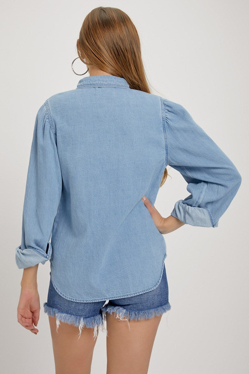 Shirring Sleeve Relaxed Fit Pearl Snap Button Down Light