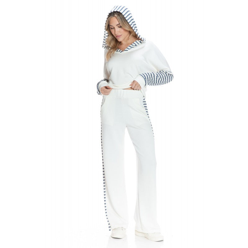 Stripe Contrast Ribbed Textured Hoodie Denim