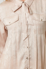 Detachable Tie Neck Pleated Satin Button Down Winter Rose