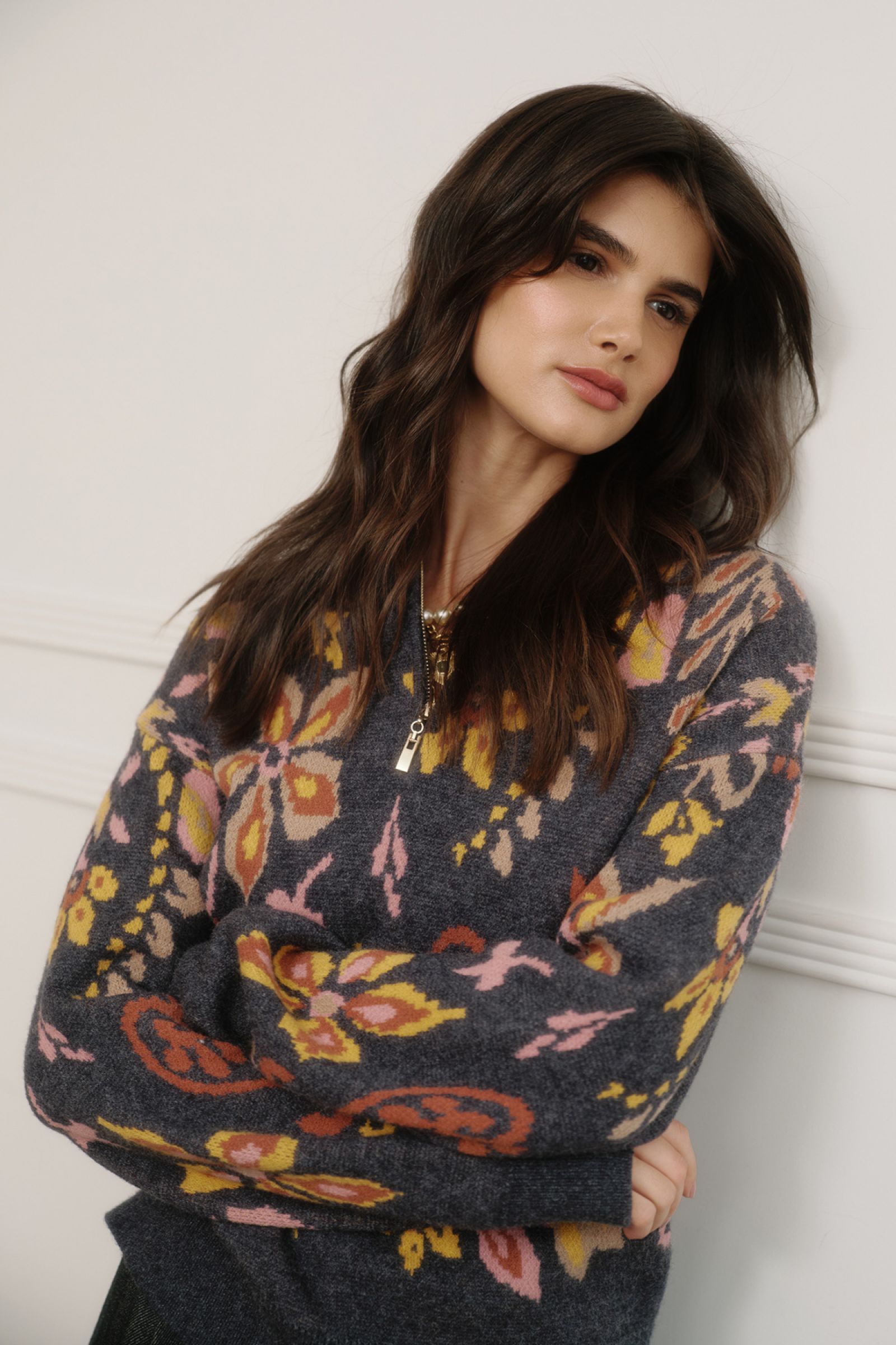 Floral Knit 1/4 Zip Pullover Sweater Denim Multi