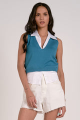 Layered Sleeveless Collared Sweater Top Dark Aqua