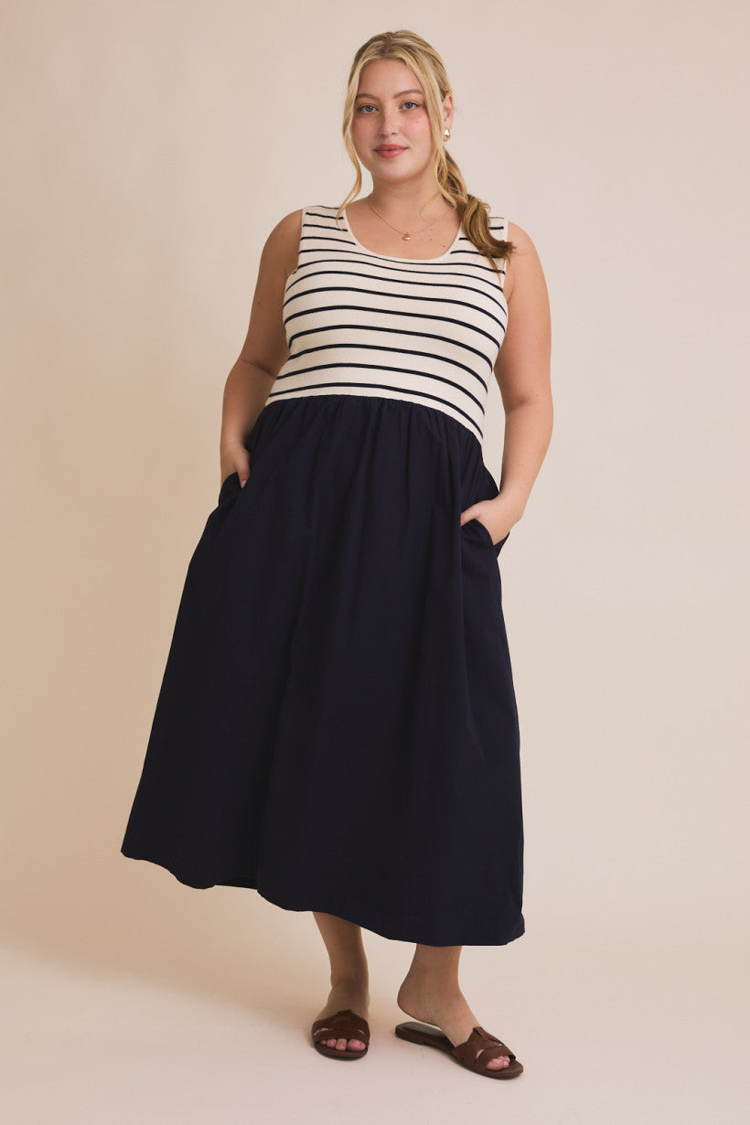Knit Woven Mix Striped Scoop Neck Solid Skirt Dress Cream + Navy