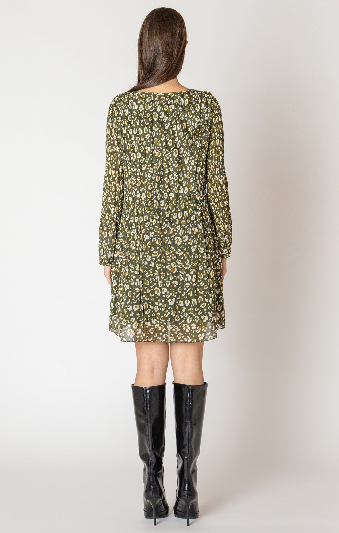Pleated Detail Printed Mini Dress Green Animal