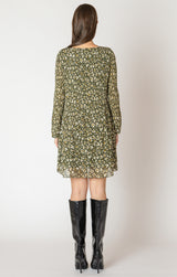 Pleated Detail Printed Mini Dress Green Animal