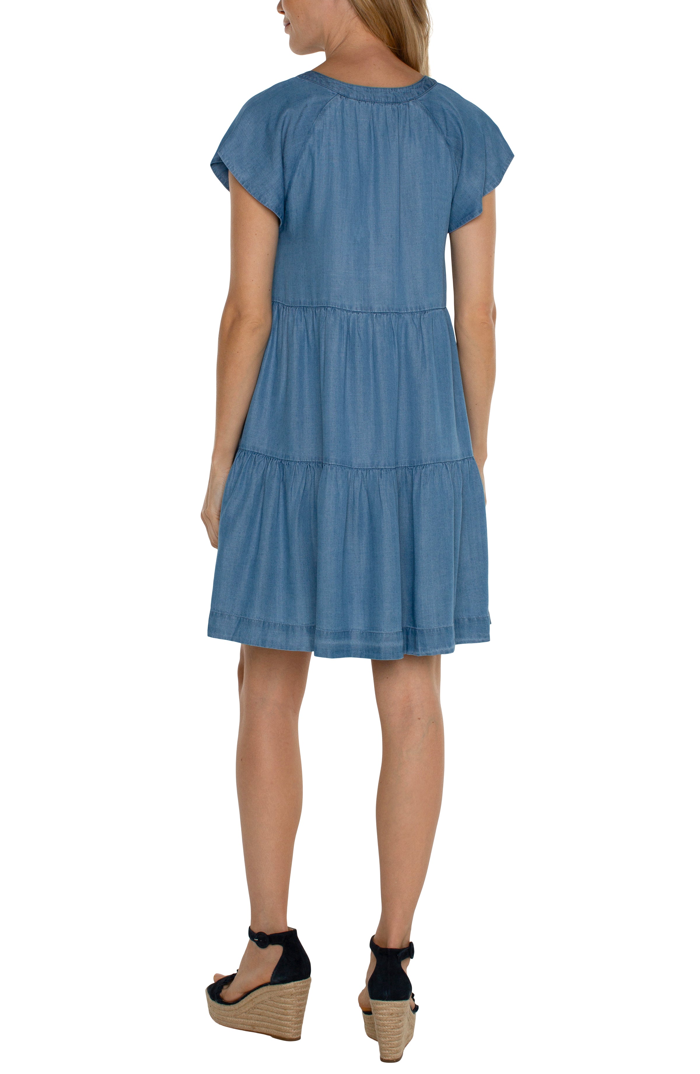 Tiered Flutter Sleeve Tie Neck Dress Delwood