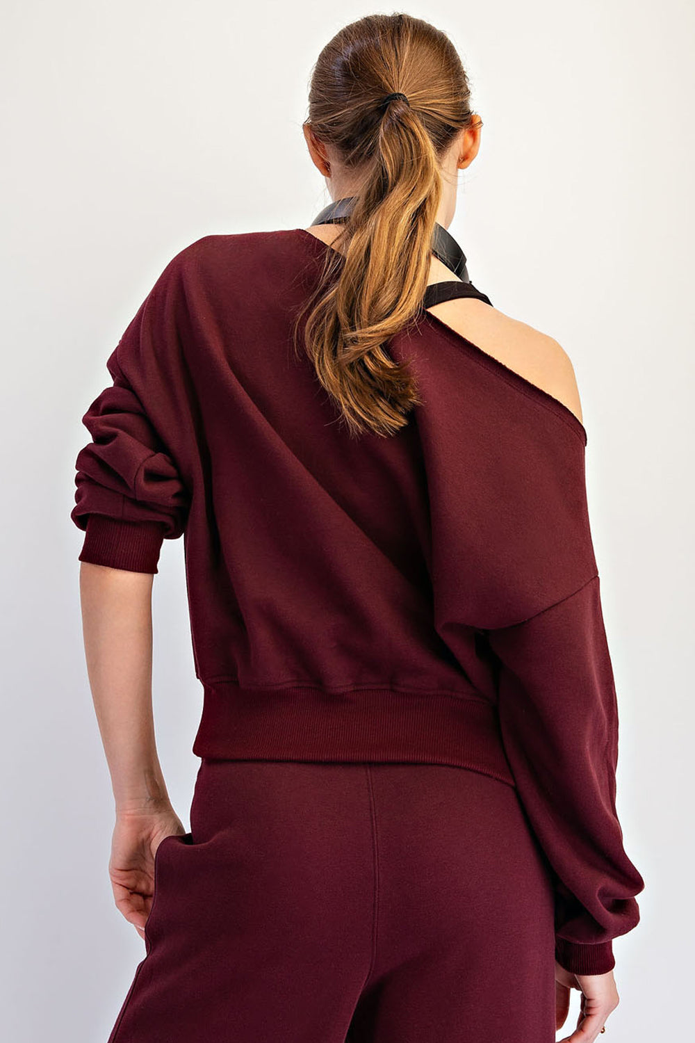 Raw Edge Off Shoulder Sweatshirt Dark Cherry