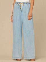 Skyrise Pleated Rope Belt Wide Leg Pants Light Blue