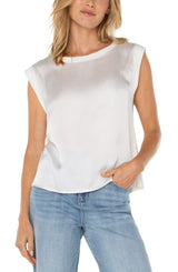 Sleeveless Contrast Satin Knit Top Whipped Cream