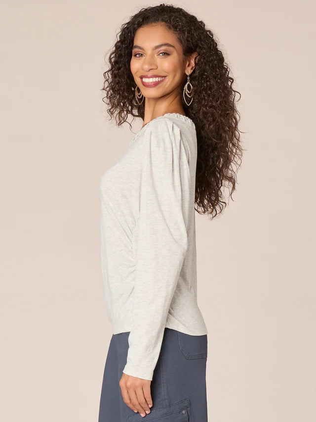 Soutache Side Ruched Long Sleeve Top Heather Off White