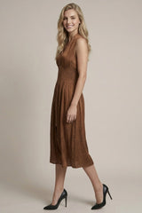 Satin Smocked Bodice Zipper Midi Dress Cocoa Brown