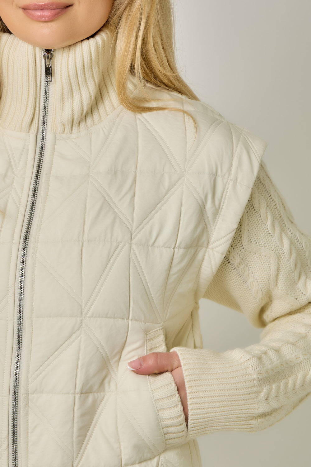 Quilted Knit Mixed Media Jacket Ivory