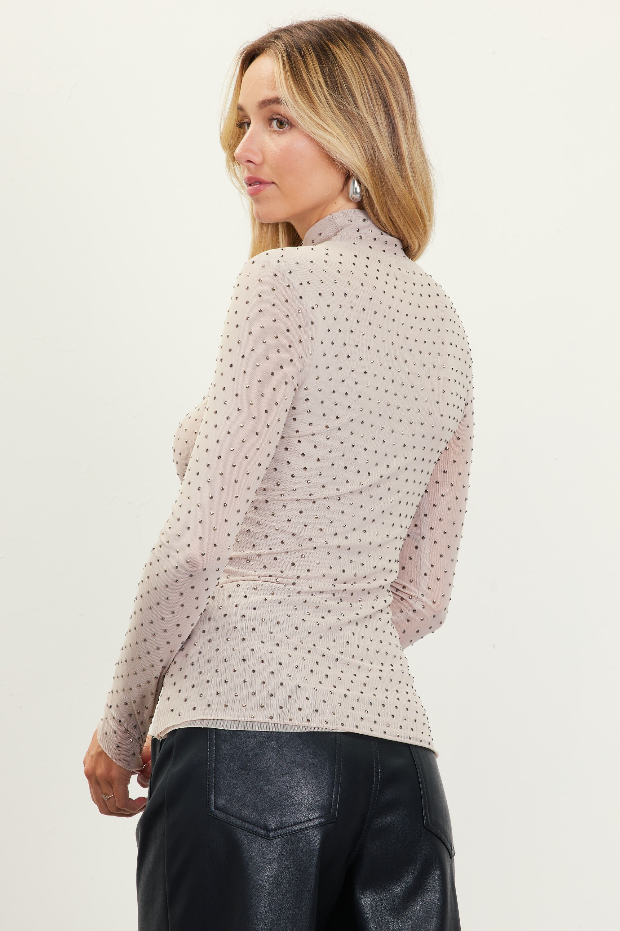 Crystal Mesh Mock Neck Top Light Beige