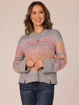 Straight Rib Hem Jacquard Double Banded Sweater Heather Grey + Golden Orange