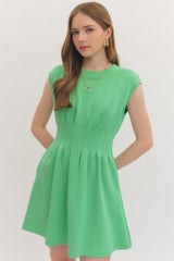 Cap Sleeve Pleated Waist Dress Green