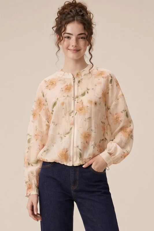 Watercolor Sheer Floral Bomber Jacket Peach Pink