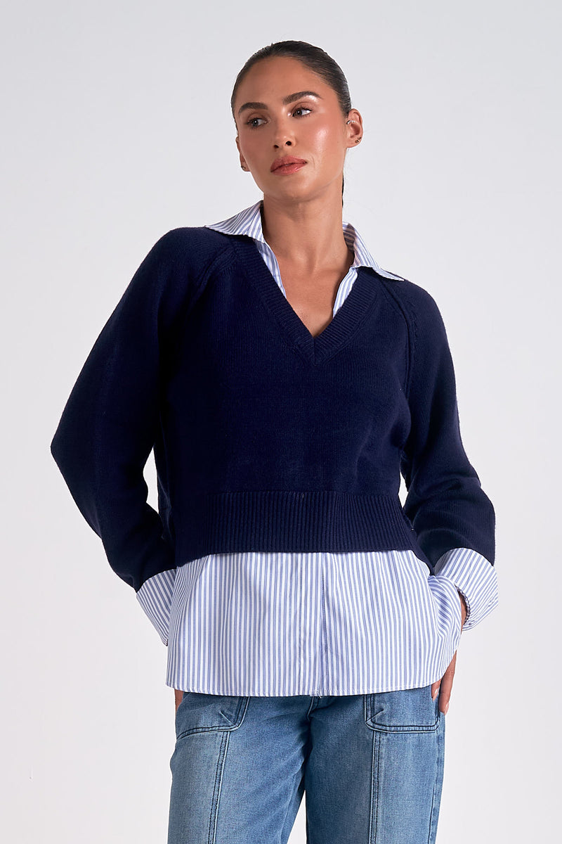 Two Fer Layered Collared Shirt Sweater Navy Blue