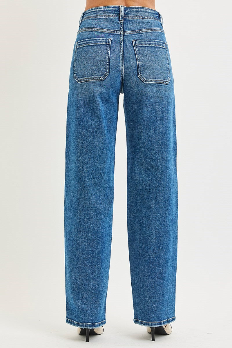 Tied Waistband High Rise Wide Baggy Jeans Dark