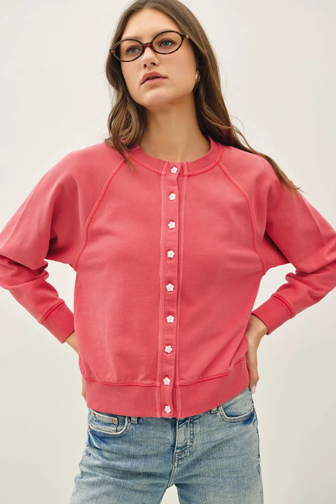 Floral Button Washed Raglan Sleeve Cardigan Poppy