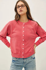 Floral Button Washed Raglan Sleeve Cardigan Poppy