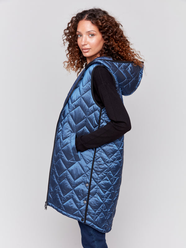 Hooded Long Quilted Puffer Vest Glacier