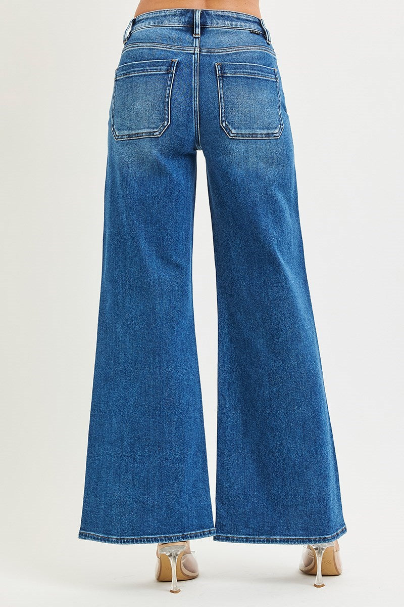High Rise Wide Jeans Front Yoke Seam Detail Dark