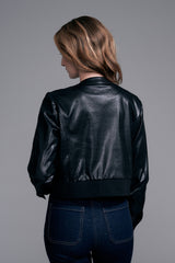 Collarless Vegan Leather Jacket Black