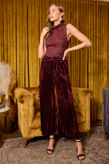 Velvet Wide Leg Cargo Pants Wine