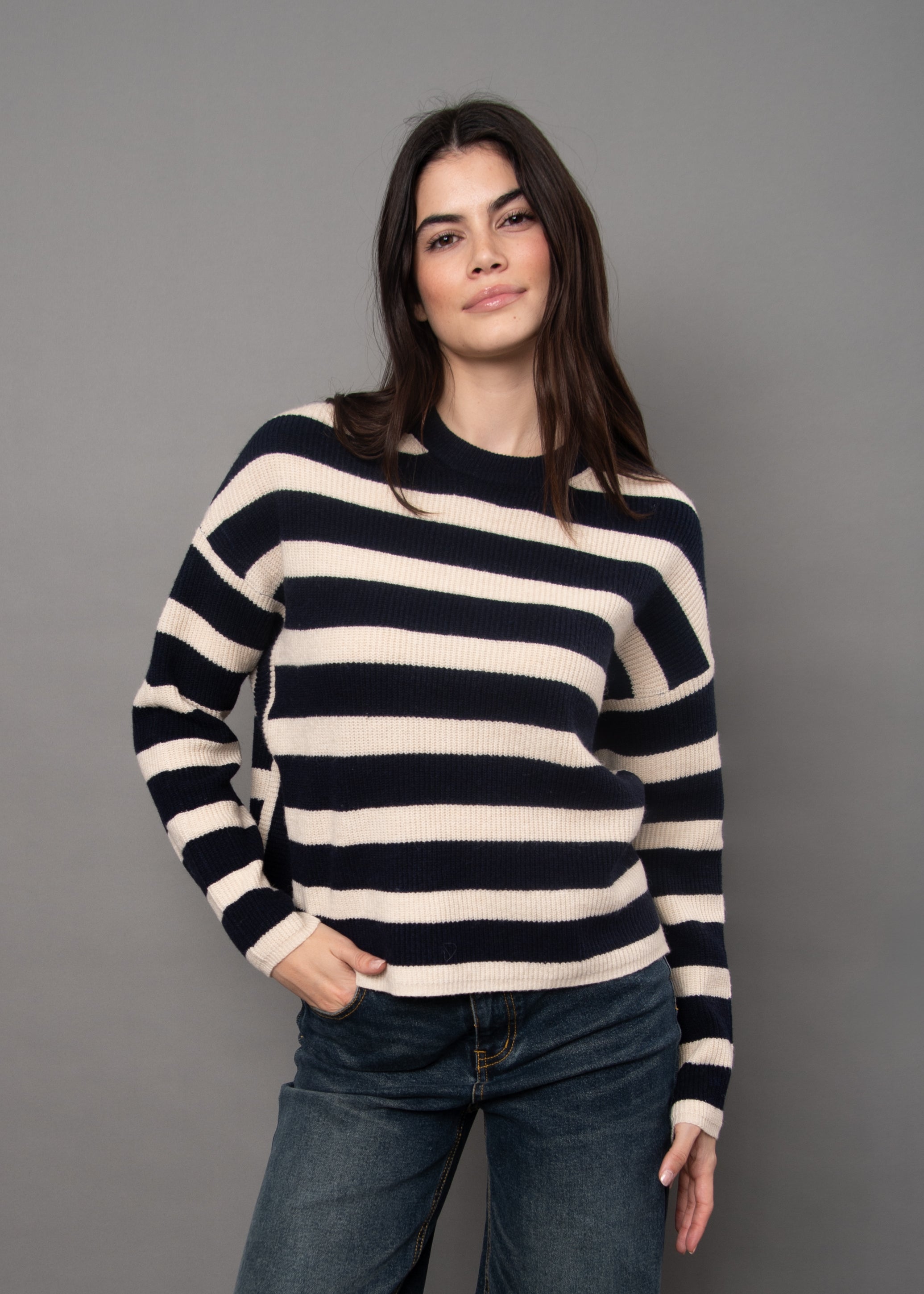 Maheen Stripe Crew Neck Sweater Navy Beige