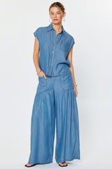 Chambray Cap Sleeve Button Down Top Chambray