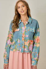 Floral & Lace Combo Mix Media Jacket Denim Blue Mix