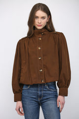 High Stand Collar Gathered Hem Bomber Jacket Dark Brown