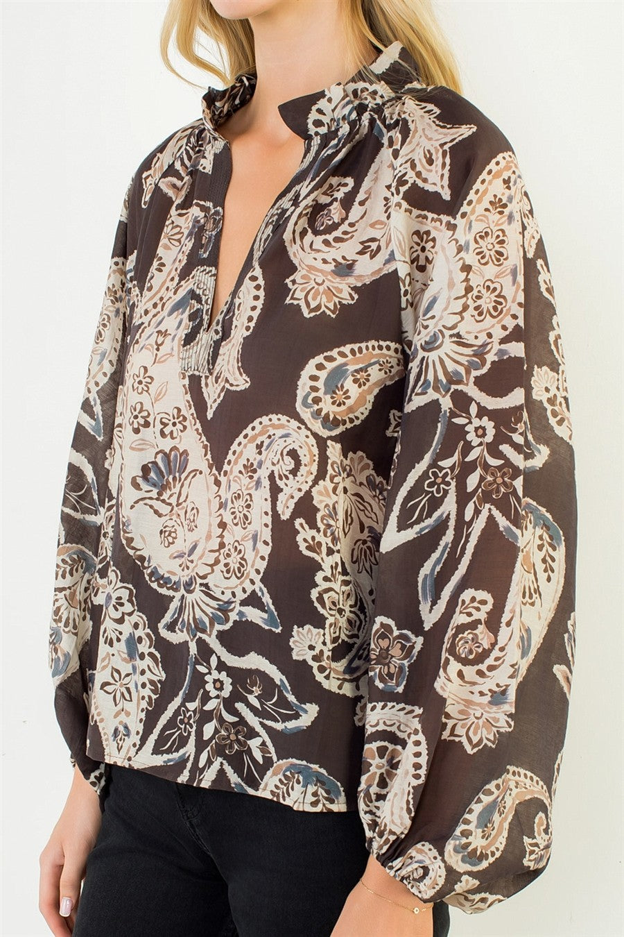 Paisley Surplice Long Sleeve Blouse Brown