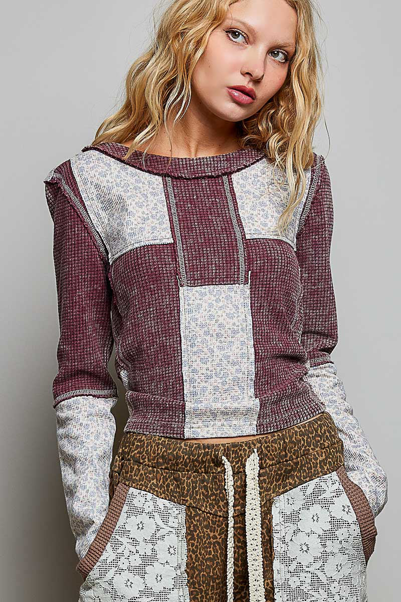Patchwork Waffle Knit Floral Long Sleeve Top Blood Red Multi