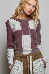 Patchwork Waffle Knit Floral Long Sleeve Top Blood Red Multi