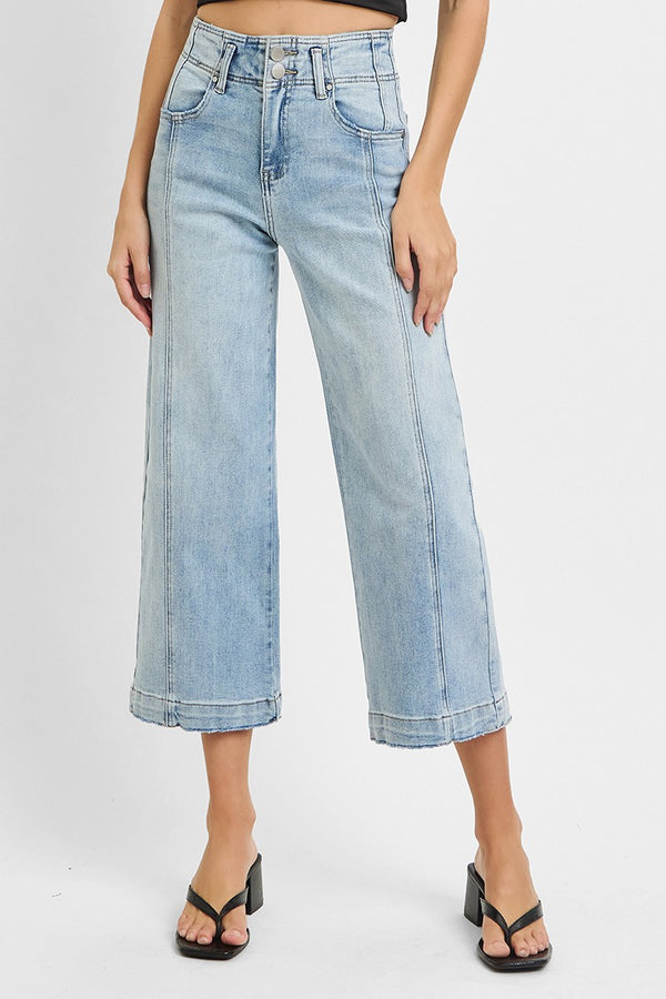 High Rise Crop Wide Leg Front Seam Detail Jeans Light