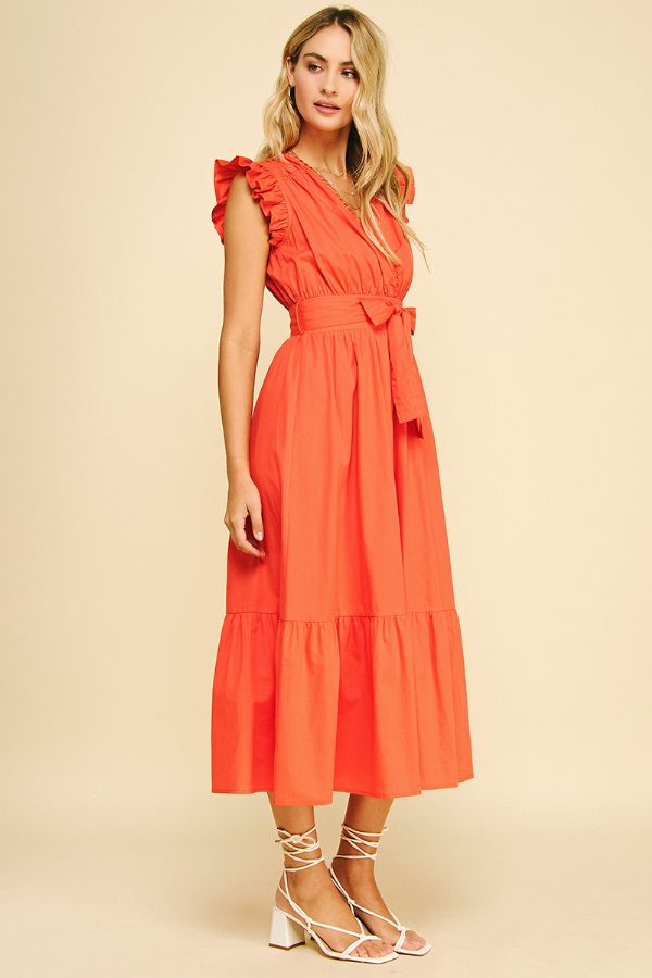Crochet Loop Detail Ruffle Sleeve Belted Dress Sun Orange