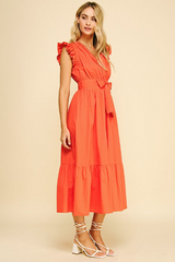 Crochet Loop Detail Ruffle Sleeve Belted Dress Sun Orange