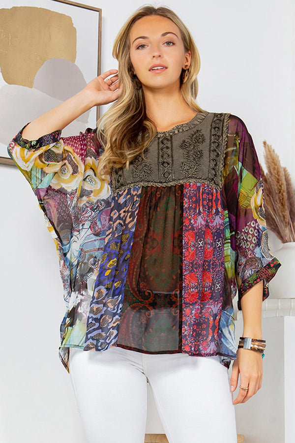 Ethnic Fusion Overdye Round Neck Dolman Top Gravel