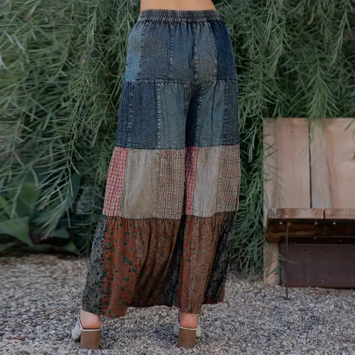 Boho Tiered Patch Denim Pants Vintage