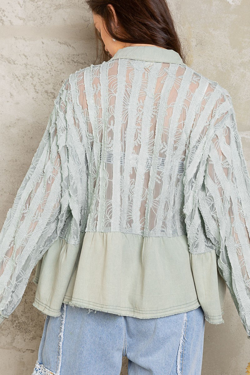 Oversize Lace Pattern Sheer Contrast Jacket Dusty Sky