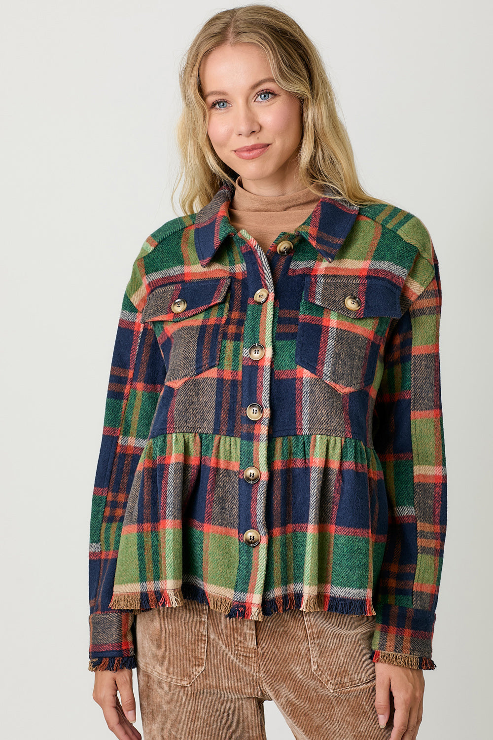 Peplum Fringe Plaid Jacket Navy Mix