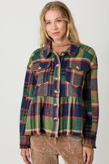 Peplum Fringe Plaid Jacket Navy Mix