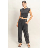 Rolled Sleeve Wrap Front Crop Top Jogger Set Black