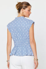 Striped Polka Dot Peplum Bow Blouse Blue White
