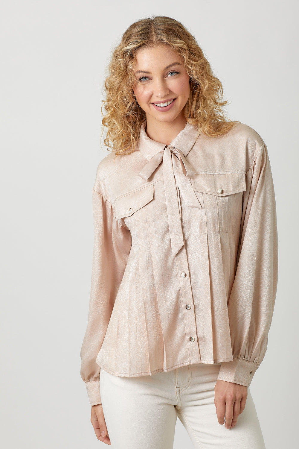 Detachable Tie Neck Pleated Satin Button Down Winter Rose