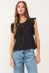 Anelia Shirred Yoke Flutter Top Black