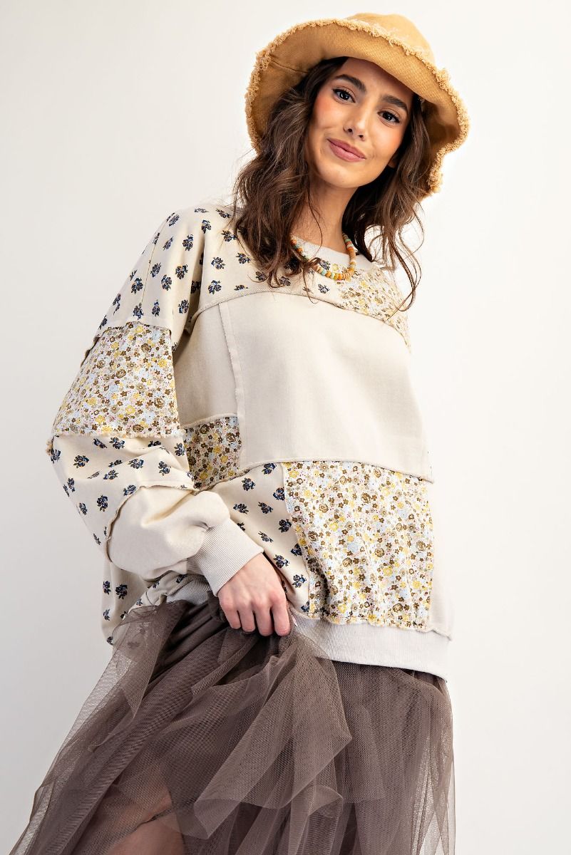 Mineral Wash Mix Floral Patchwork Pullover Beige