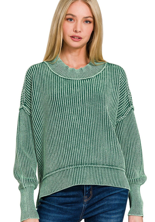 Washed Side Slit Oversize Cropped Sweater Hunter Green