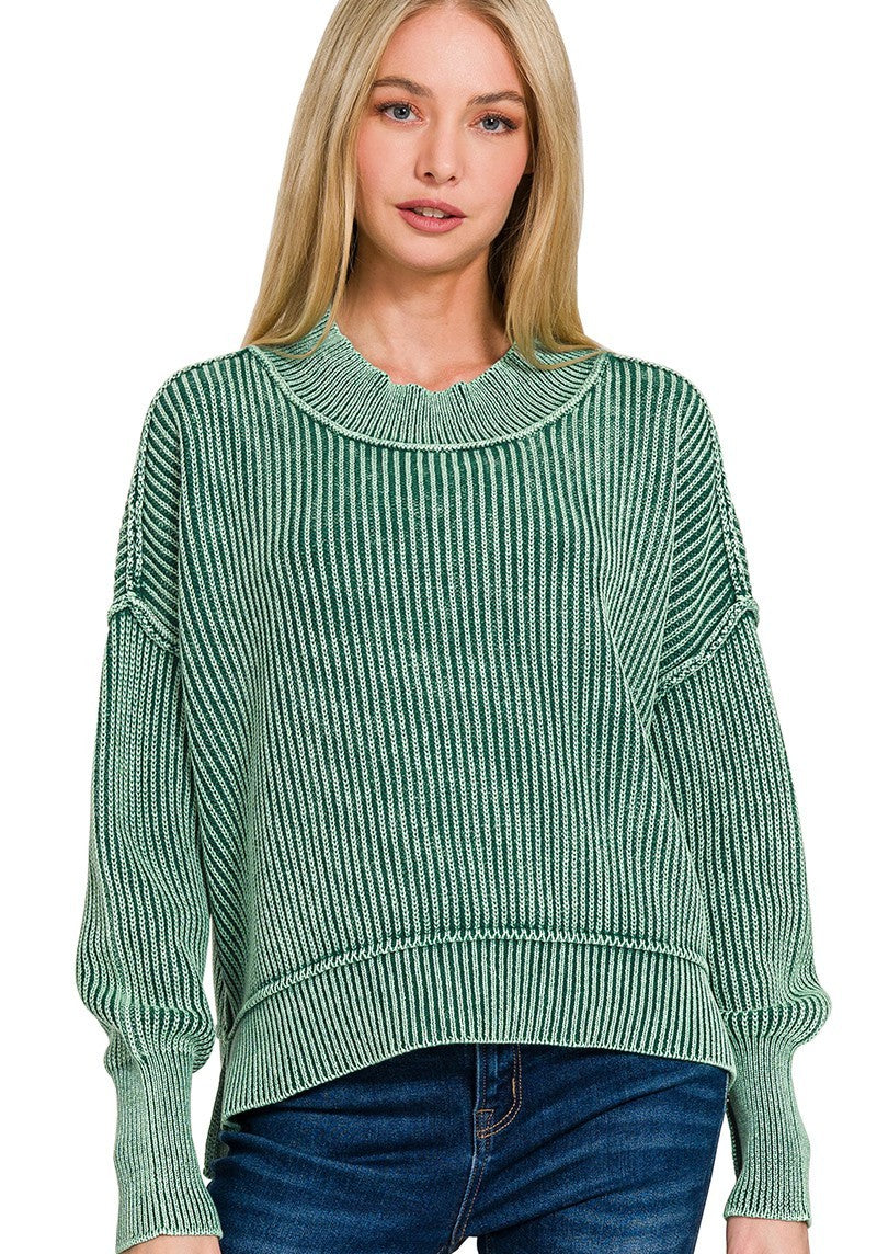 Washed Side Slit Oversize Cropped Sweater Hunter Green