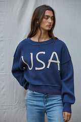USA Rope Letter Sweater Navy